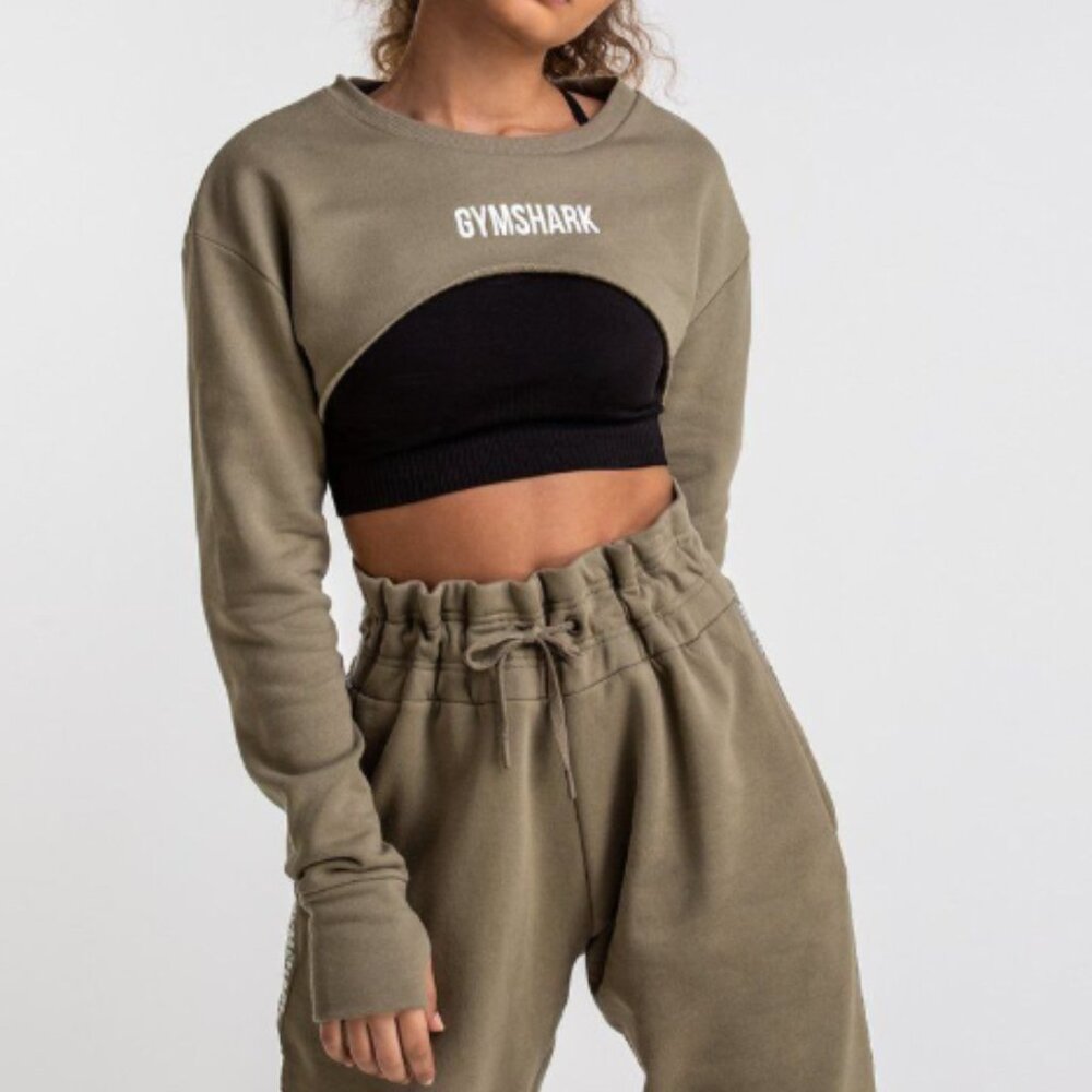 GYMSHARK Super Cropped Sweater in Washed Khaki Size XS ATHLEISURE MUSCLE MOMMY